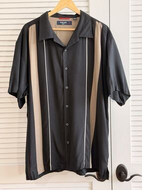 Toscano XXL Silk Blend Shirt Mens Black Tan Retro Bowling Camp Button Up